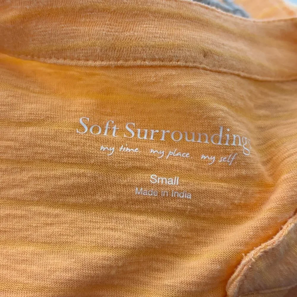Soft Surroundings Orange Antalya Striped Floral Embroidered Henley Top